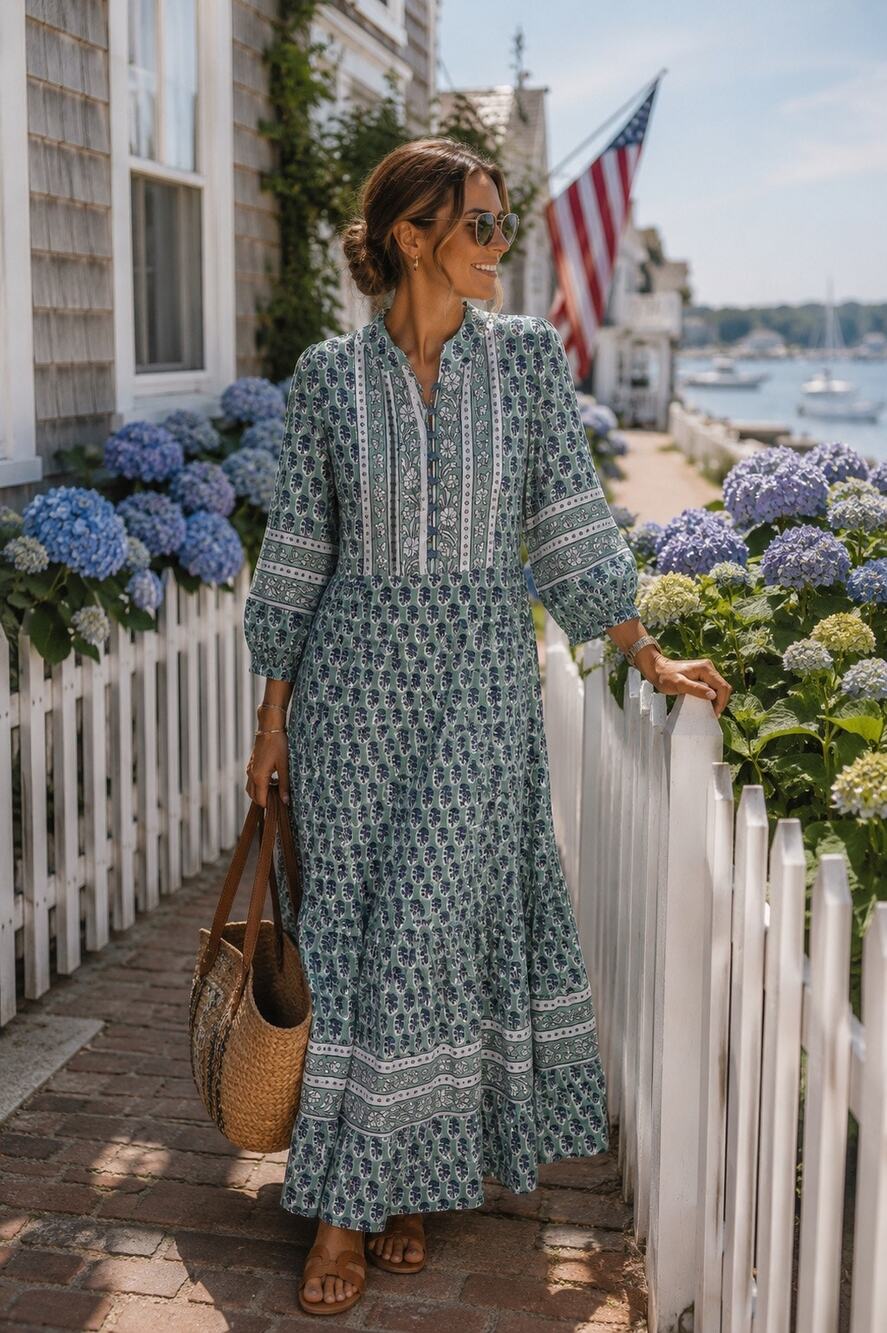 Fox and Hen 100% Cotton Green Blue White Floral Maxi Dress Size XXL